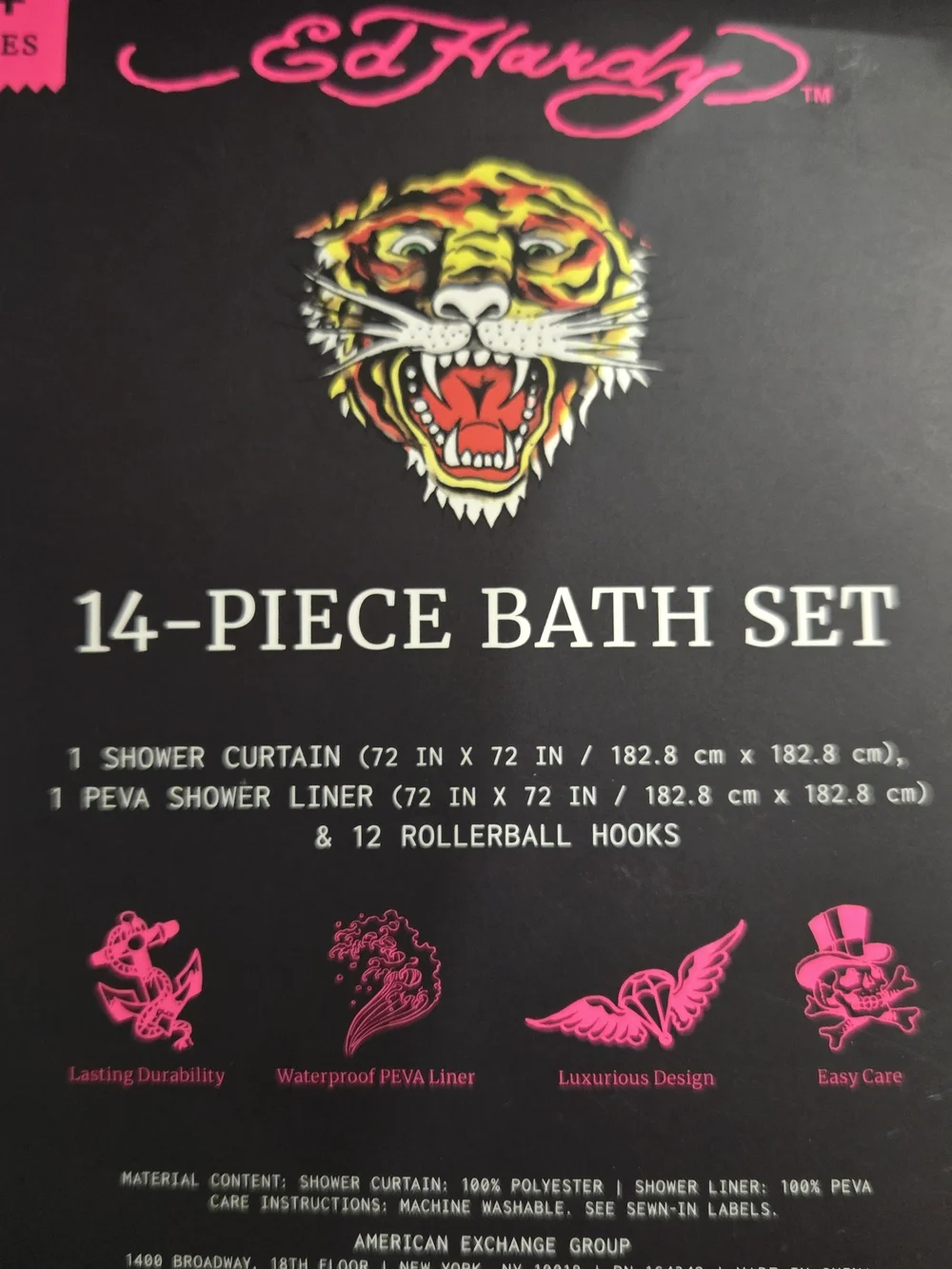 Ed Hardy 14 Pc Bath Set Pink Skull Rose Shower Curtain Hooks Liner